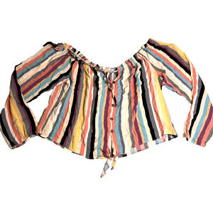 Rewind Tie Front Off Shoulder Crop Top Womens XL Colorful Striped 70s Inspired